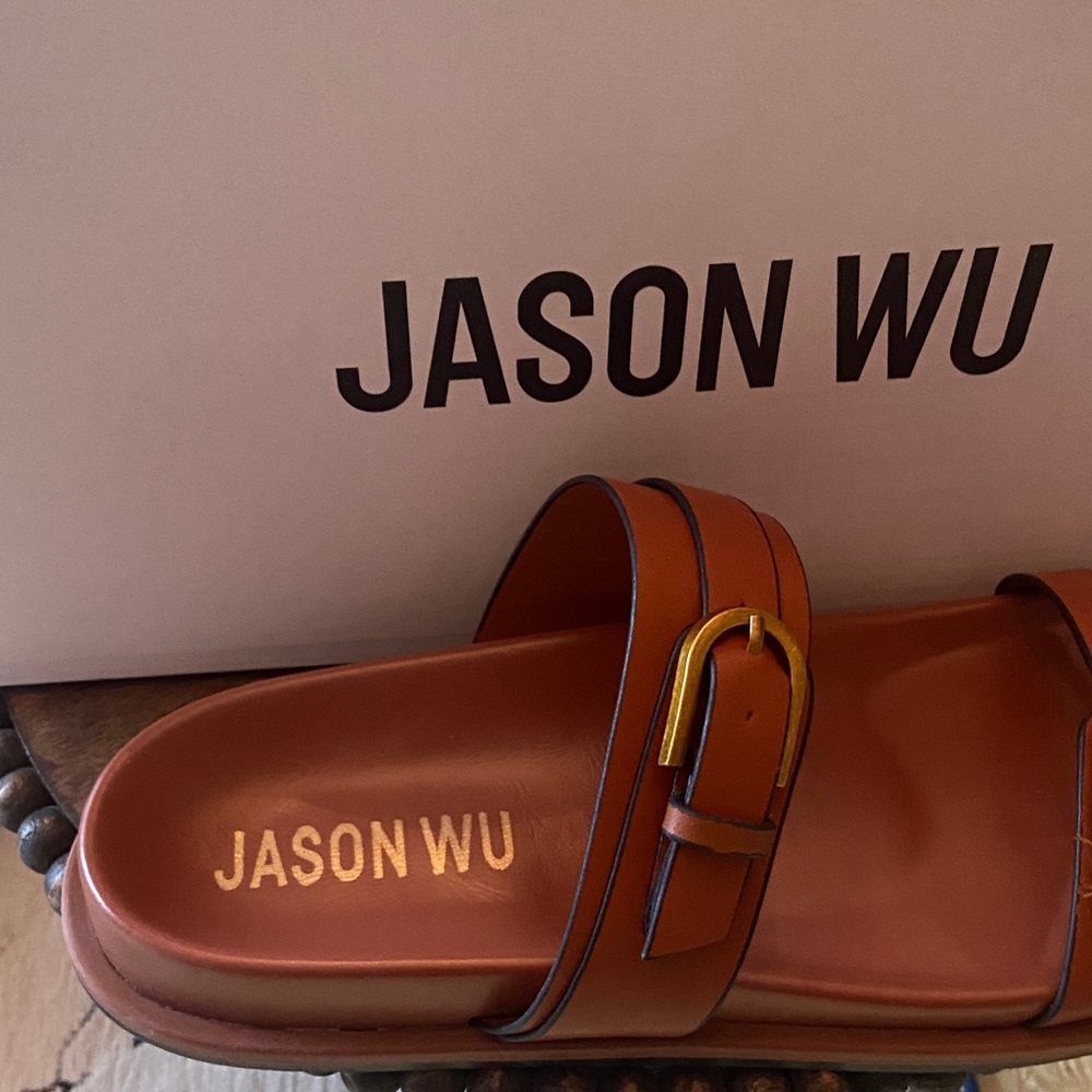 Jason Wu Rhonda Double Gold Buckle Slide Sandals - Picture 3 of 6